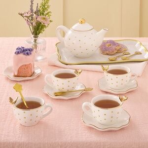 Girls White with  Golden Poka Dots and Butterfly  Porcelain Tea Set NIB